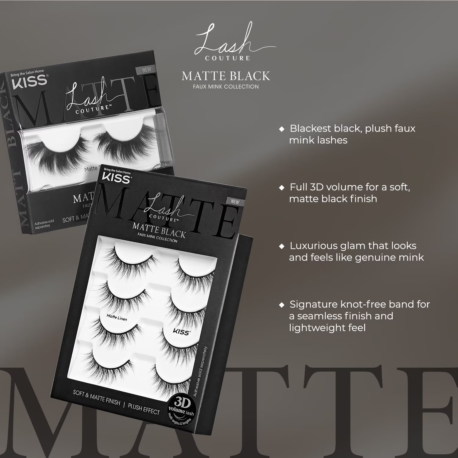 (6 Pack)  Lash Couture Matte Black Faux Mink False Eyelashes, Strip Lashes, Matte Velvet, Black, 1 Pair
