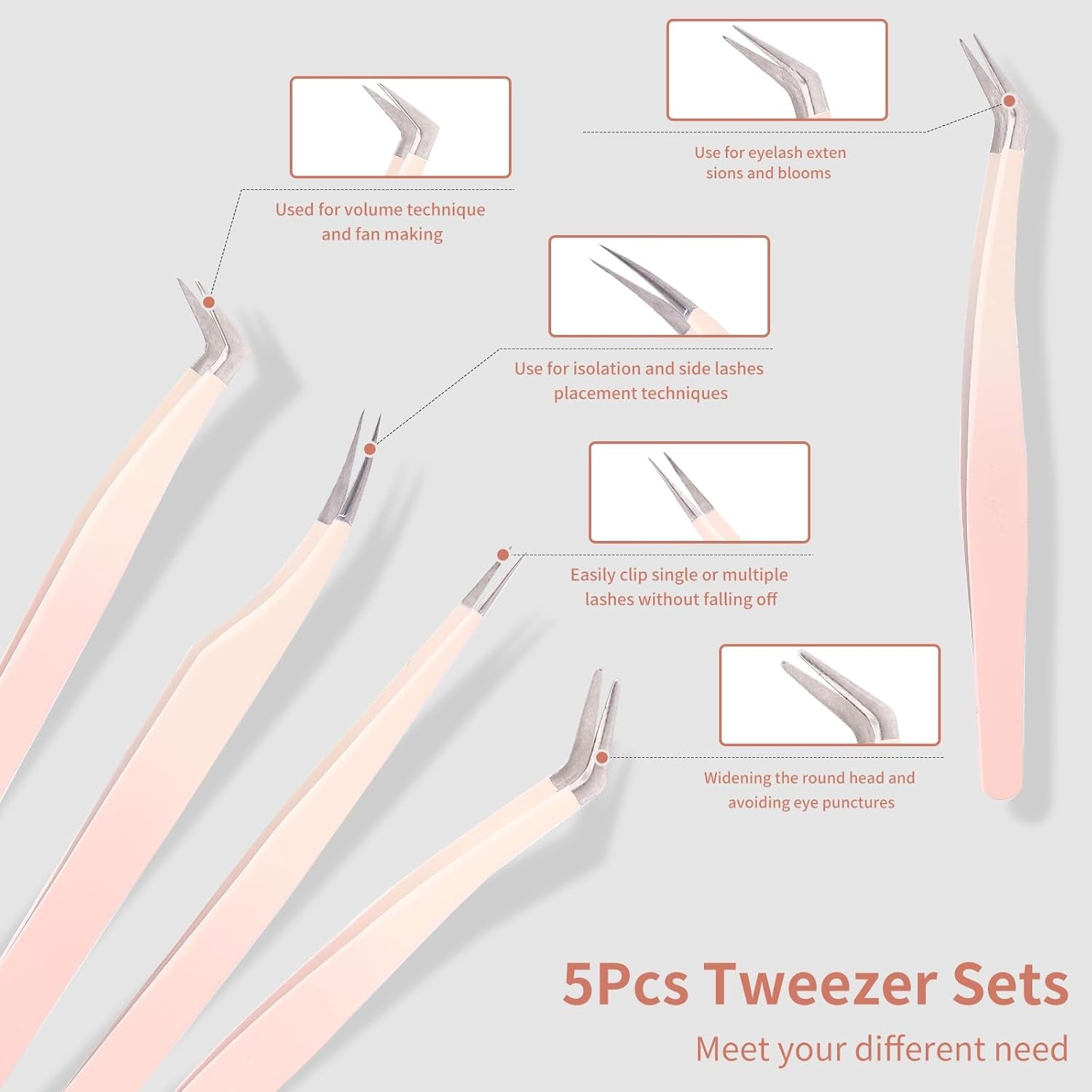 5 Pcs Lash Extension Tweezers, Lash Tweezers for Eyelash Extension, Straight and Curved Eyelash Tweezers, for Professional Eyelash Extension Artists, Girls, Women, Beginners