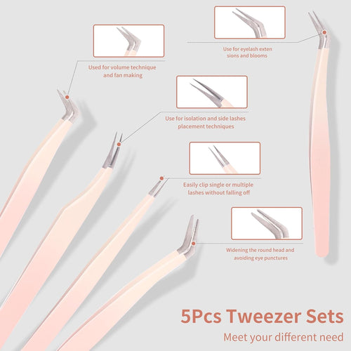 5 Pcs Lash Extension Tweezers, Lash Tweezers for Eyelash Extension, Straight and Curved Eyelash Tweezers, for Professional Eyelash Extension Artists, Girls, Women, Beginners